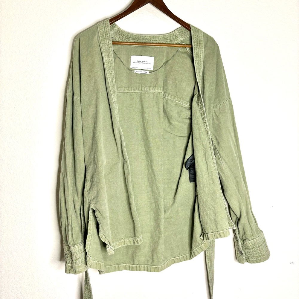 Zara Woman Green Coat Cotton & Linen With Tie